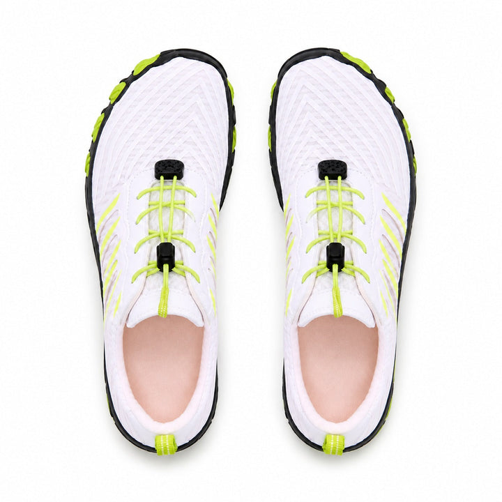 Premium barefoot athletic shoes for women, wide toe, quick lace, and zero drop design.
