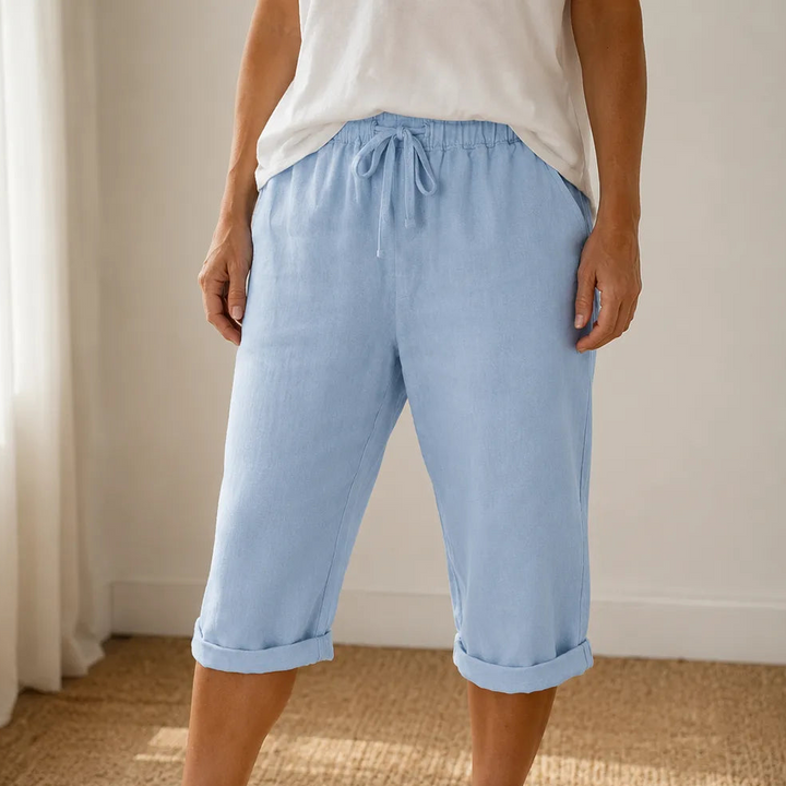 Warm weather women's capris, comfortable pull-on style with elastic waist and folded cuff.