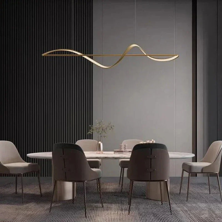 Modern wavy LED pendant lamp, sleek design for kitchen island & dining room lighting.