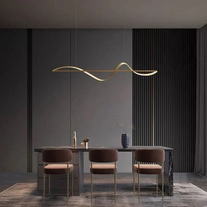 Sleek wavy pendant lamp, modern LED lighting for dining rooms & home decor.