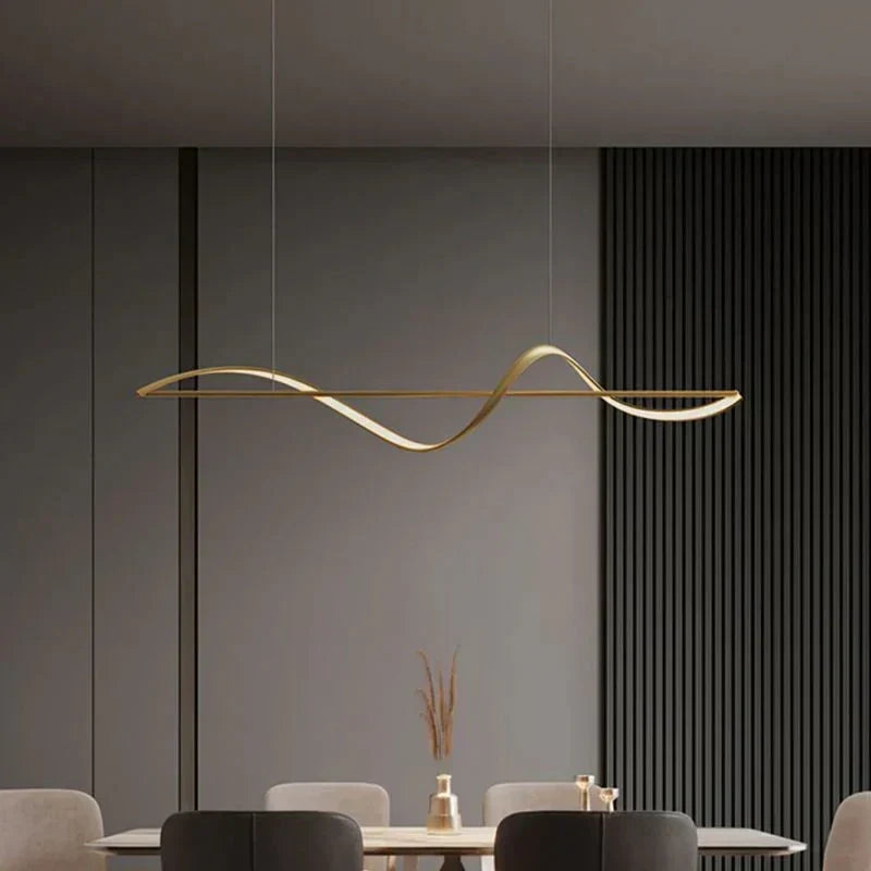 Chic wavy LED ceiling lamp, contemporary design enhancing kitchen & dining decor.
