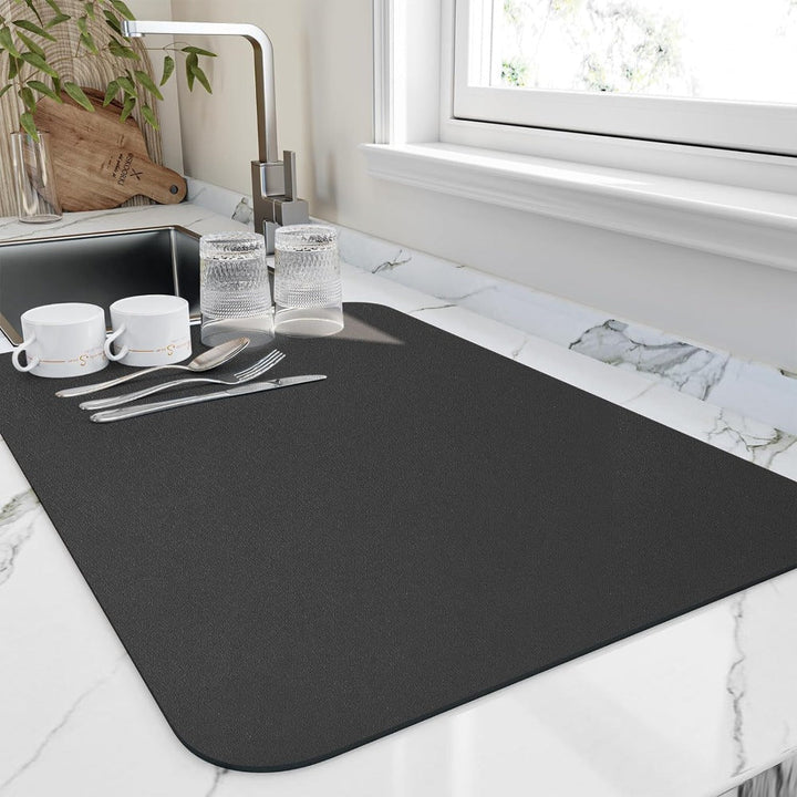 Super absorbent kitchen quick dry dish mat for fast dish drying. Perfect for countertops & kitchen organization.