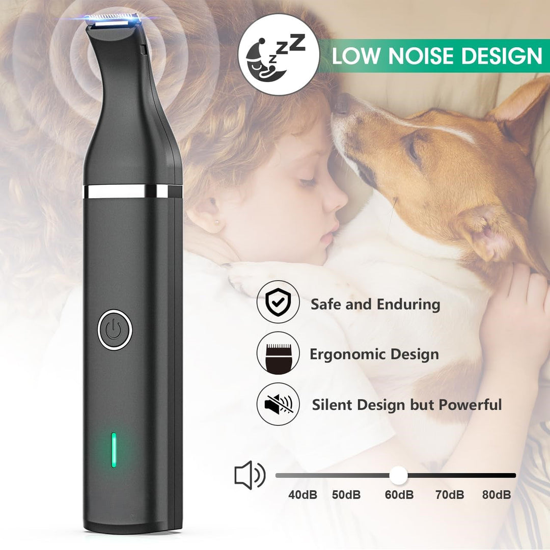 Hand holding the quiet cordless dog clipper, showcasing its ergonomic grip.