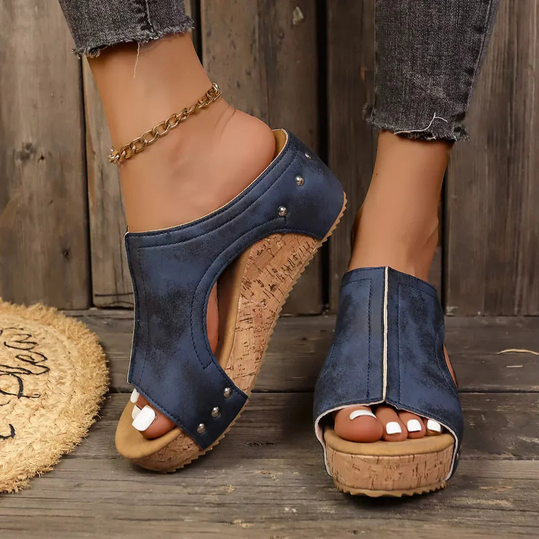 Quinley | Women's Wedge Sandals with Cork Platform - Black - Image 3