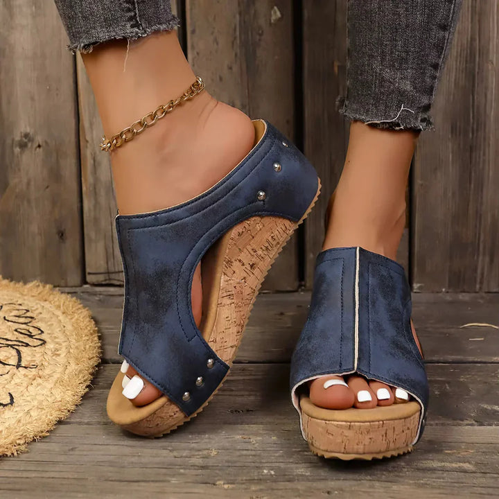 Quinley | Women's Wedge Sandals with Cork Platform - Black - Image 3