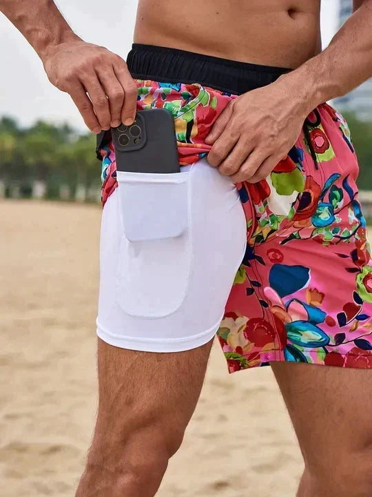 Quick-dry men's tropical print lined swimwear, comfortable for beach & pool days. [[lstfy-media:7]]