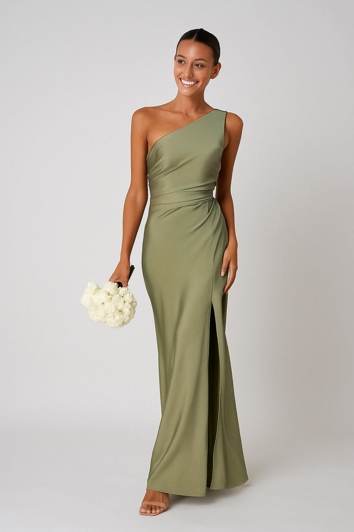 Elegant one-shoulder maxi dress for women, featuring a stylish high split, perfect for formal evening events.