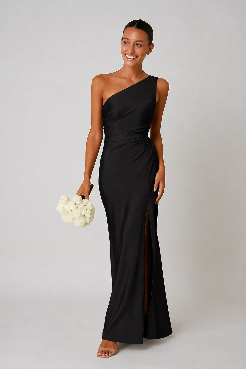 Women's glamorous one-shoulder maxi dress, an elegant long gown with a high split for formal occasions.