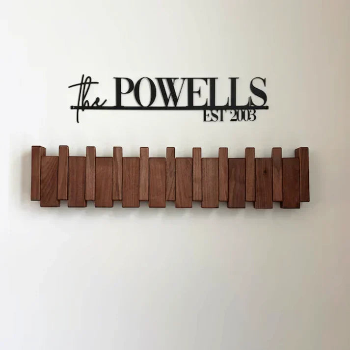 Artistic piano-style coat rack for hallway. Wall-mounted wood hooks, a unique decorative storage & organizer.