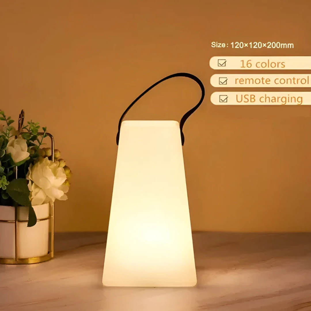 RadianceFlex waterproof table lamp enhancing patio decor, wireless for easy placement & outdoor lighting.