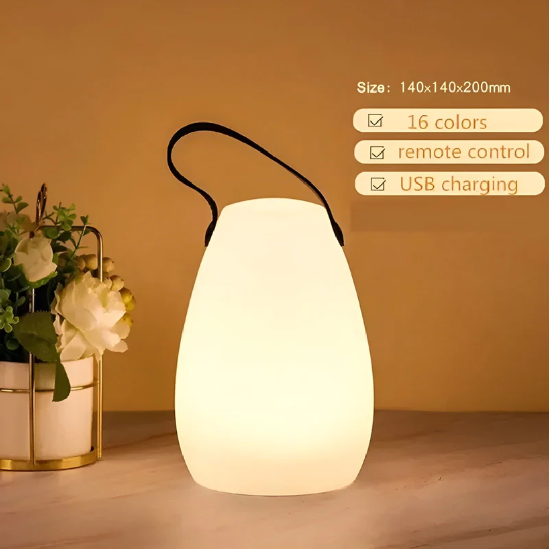RadianceFlex wireless table lamp illuminating outdoor dining, portable and waterproof for evening ambiance.