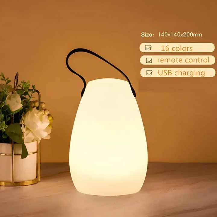 RadianceFlex wireless table lamp illuminating outdoor dining, portable and waterproof for evening ambiance.