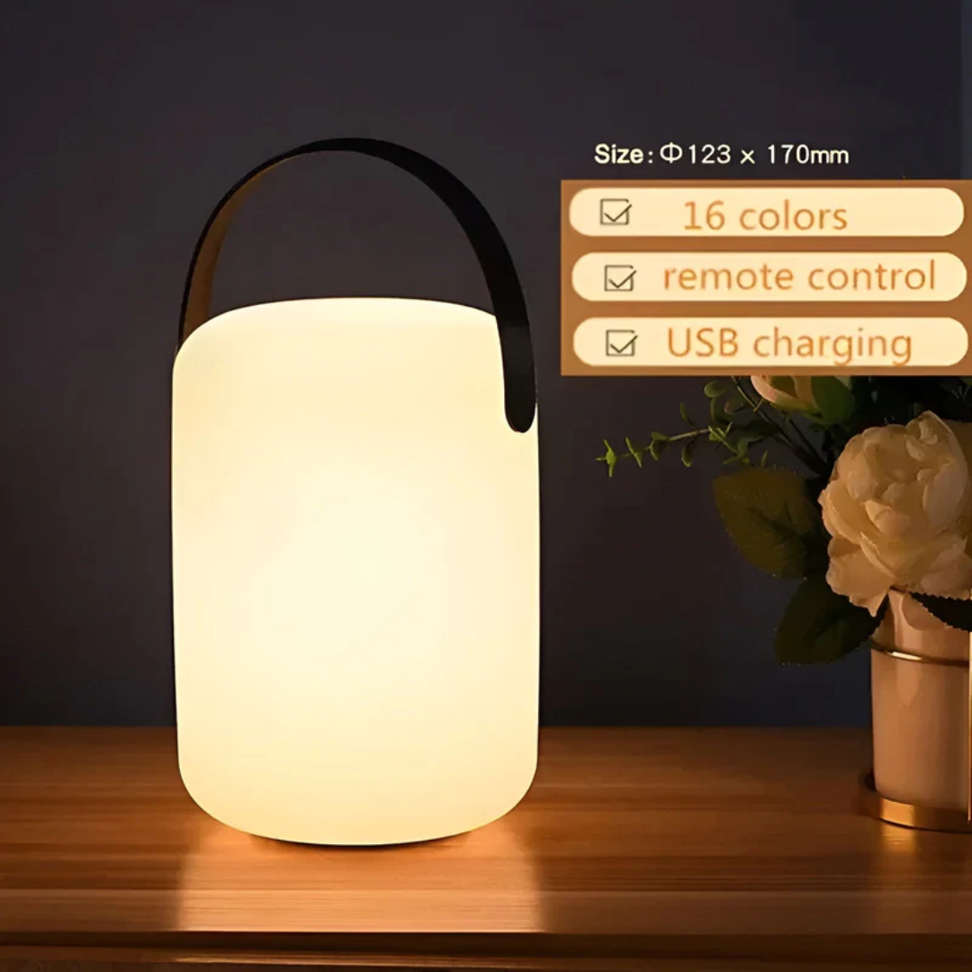 Modern RadianceFlex portable LED table lamp for bedside or reading, wireless & rechargeable, sleek design.