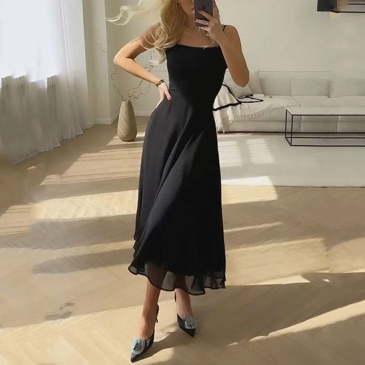 Chic square neck sleeveless midi dress for women, ideal as an elegant wedding guest or party dress.