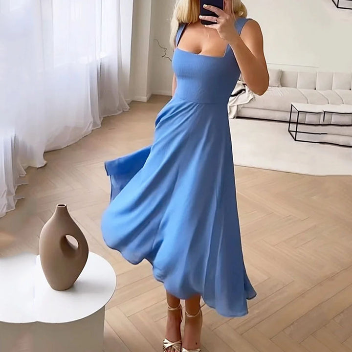 Stylish women's A-line square neck sleeveless midi dress; elegant design for summer & special events.