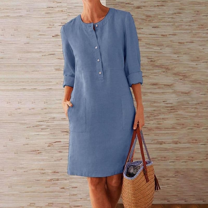 Raina | Women's Button Front Shift Dress - Blue - Image 2