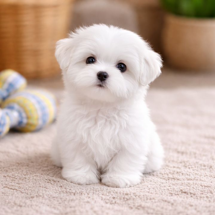 Close-up of a lifelike plush dog toy with realistic fur texture and cute eyes.