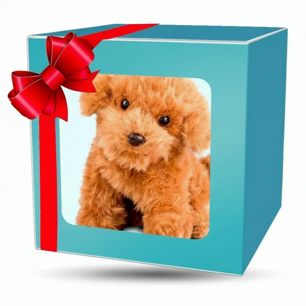 Child playing with a realistic interactive plush dog toy, a cuddly stuffed animal.