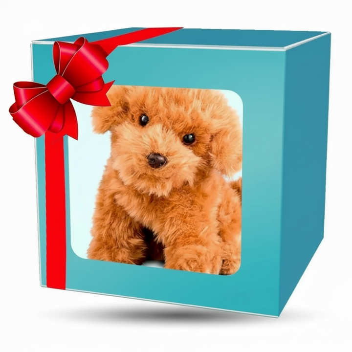 Child playing with a realistic interactive plush dog toy, a cuddly stuffed animal.