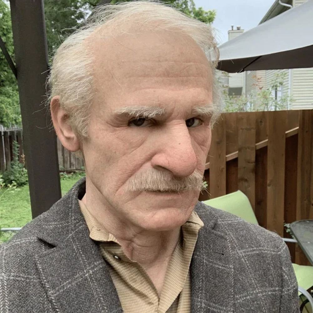 Realistic old man Halloween mask with movable mouth for adults, unisex design.