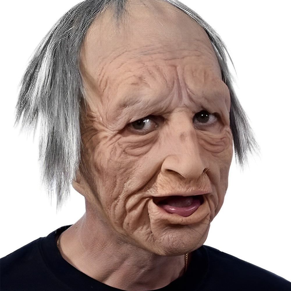 Spooky old man Halloween mask, realistic design, latex material, with a movable mouth feature.