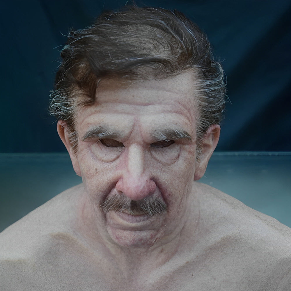 High-detail old man cosplay mask, realistic texture, functional movable mouth for engaging performances.