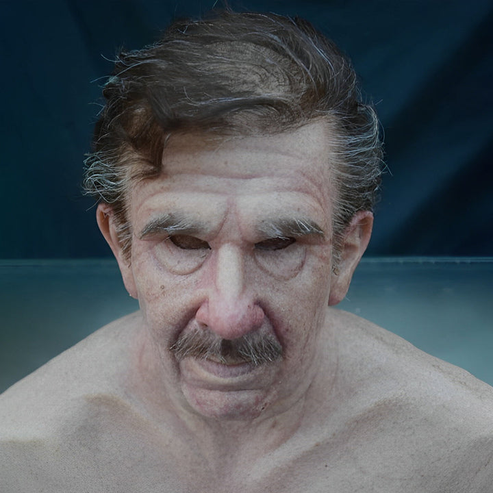 High-detail old man cosplay mask, realistic texture, functional movable mouth for engaging performances.
