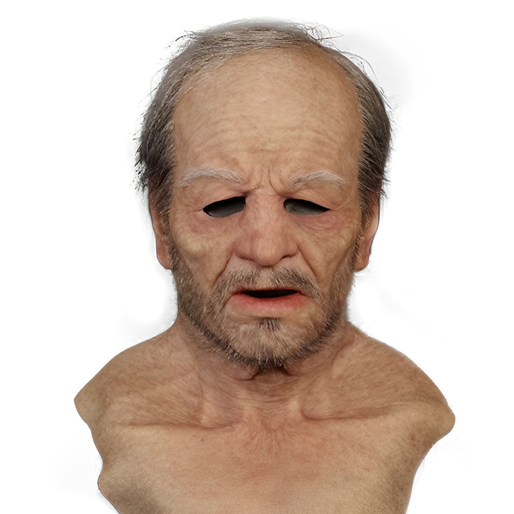 Transformative old man Halloween mask, unisex, realistic, featuring an articulate movable mouth.