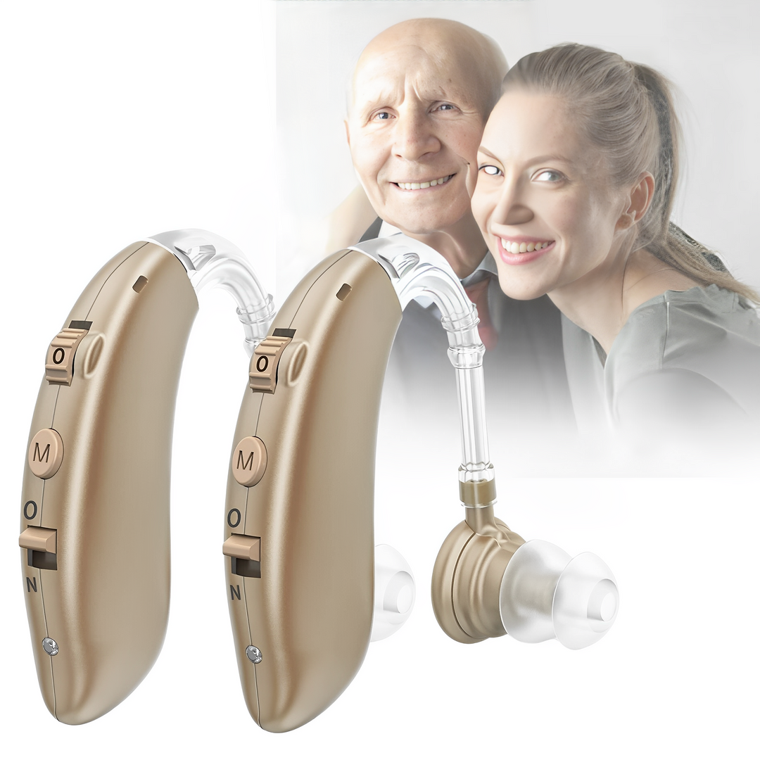 Unisex rechargeable BTE digital hearing aid, clear sound with noise reduction for assistive listening.