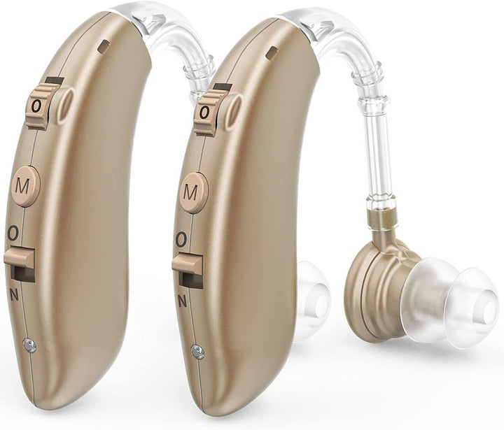 Comfortable digital BTE hearing aid, rechargeable with advanced noise reduction for enhanced clarity.