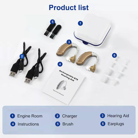 Unisex BTE rechargeable digital hearing aid for assistive listening, offers noise reduction and sound clarity.