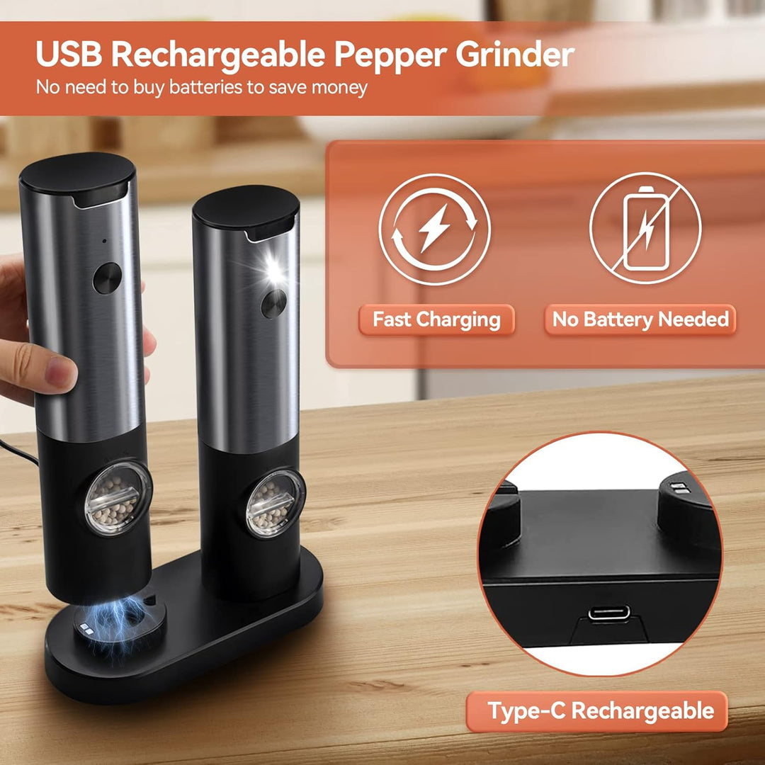 Rechargeable electric salt & pepper mills for easy seasoning. Features adjustable grind & convenient LED light.