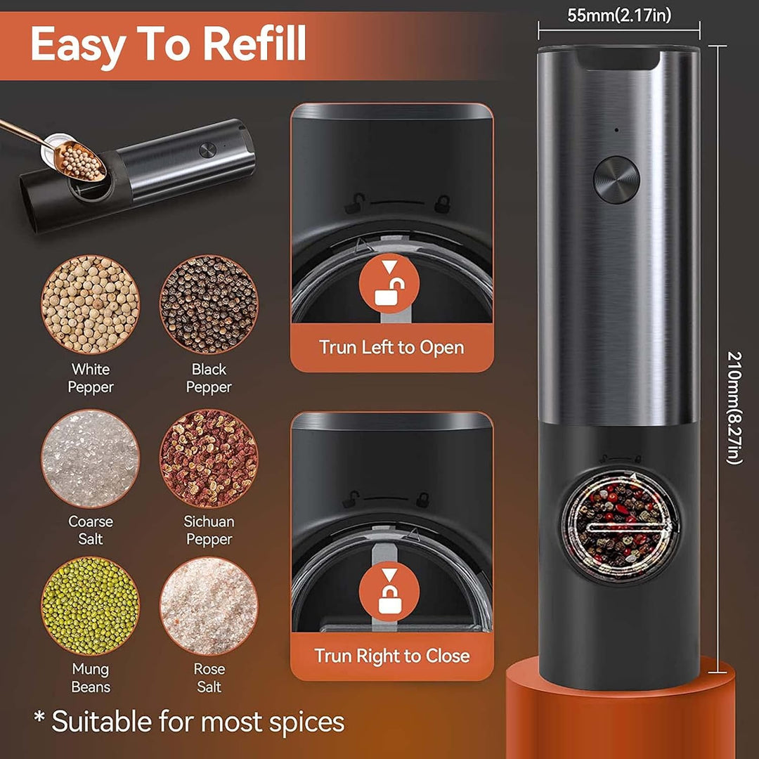 Gourmet electric salt & pepper grinder set, rechargeable kitchen tools for precise seasoning while cooking.