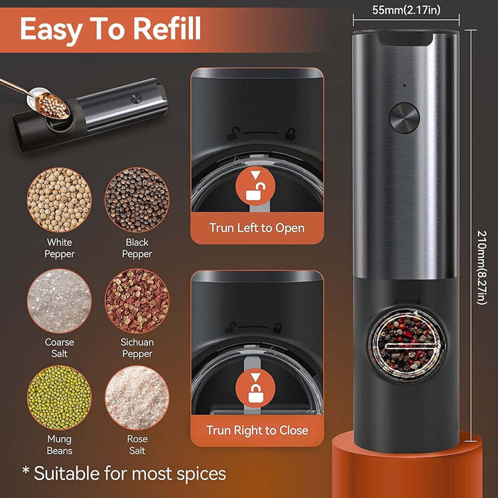 Gourmet electric salt & pepper grinder set, rechargeable kitchen tools for precise seasoning while cooking.