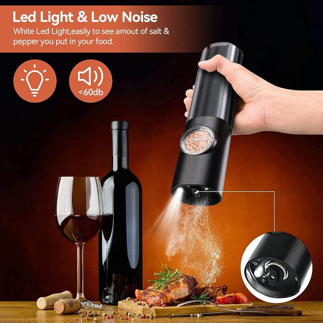 Matching electric rechargeable salt & pepper mill set in stainless steel, for fresh seasoning of any dish.