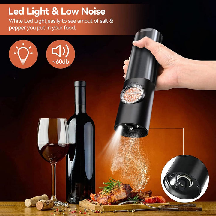 Matching electric rechargeable salt & pepper mill set in stainless steel, for fresh seasoning of any dish.