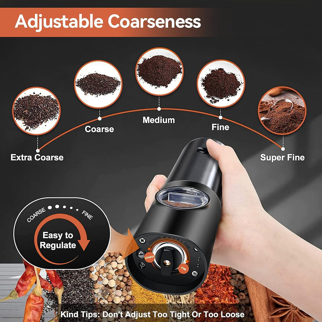 Premium rechargeable electric salt and pepper mills with adjustable grind settings and bright LED illumination.