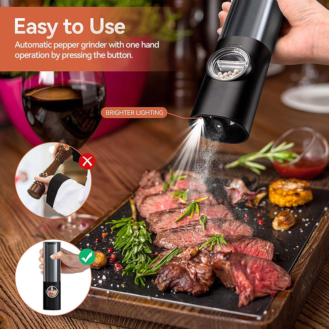 Modern electric rechargeable salt and pepper mill set, an essential kitchen tool for fresh spices and gourmet cooking.