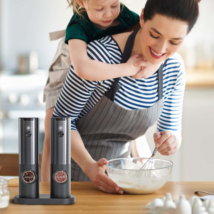 Cordless, rechargeable electric salt & pepper grinder set for effortless seasoning; no more disposable batteries.