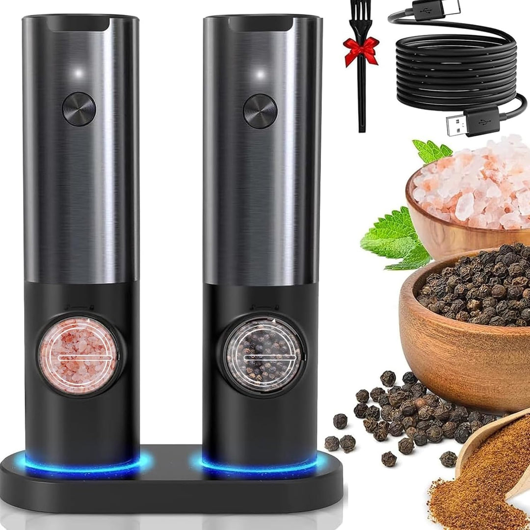 Electric rechargeable salt & pepper mill set with adjustable grind & LED light, perfect for home kitchen seasoning.