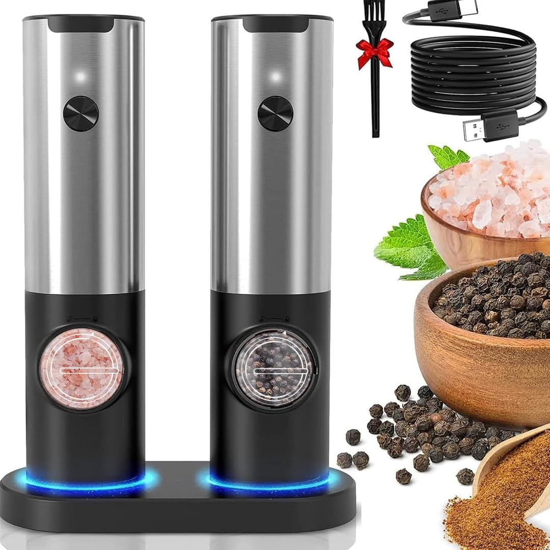 Sleek stainless steel electric salt and pepper grinders, rechargeable & modern, enhancing your kitchen's style.