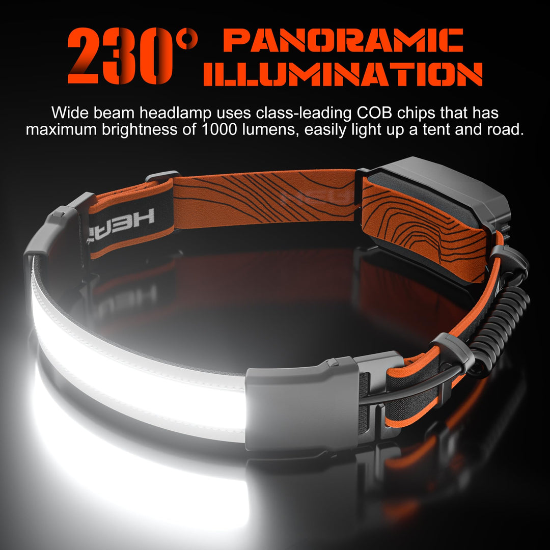 Hands-free 1000lm rechargeable headlamp, 230° wide beam, ideal for camping, hiking, and outdoor adventures. 2-pack.
