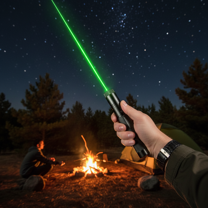 Rechargeable laser pointer with adjustable beam for long-range visibility.
