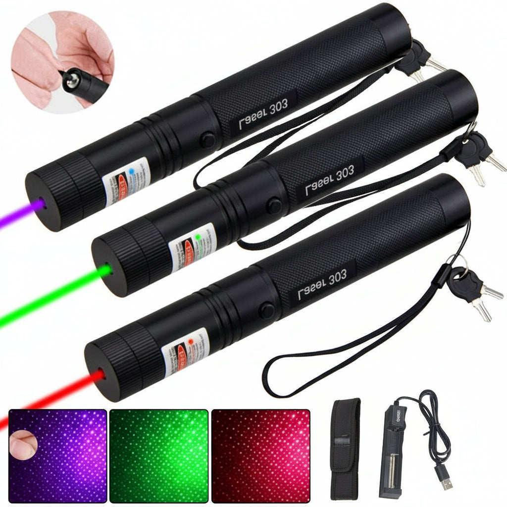 High-tech rechargeable laser pointer with extended range and safety features.