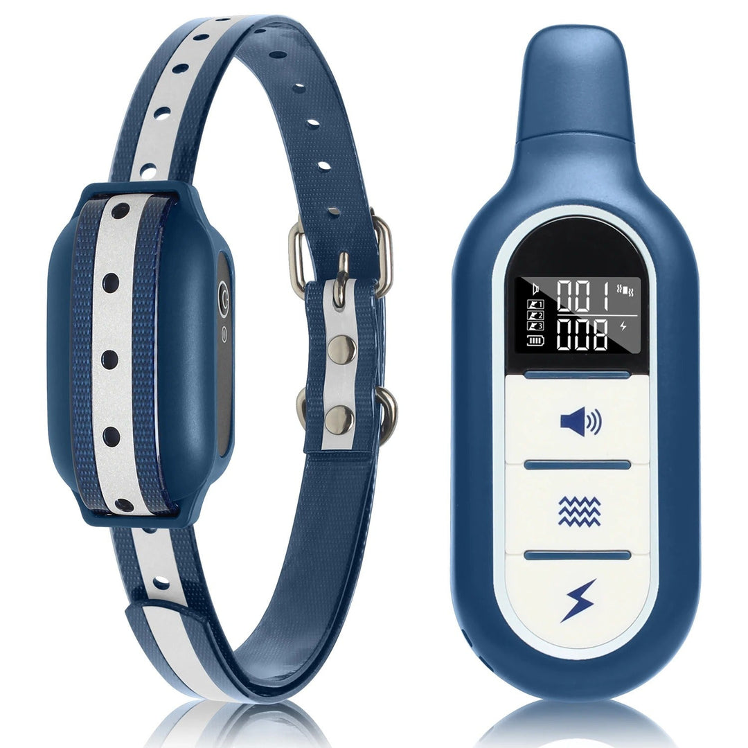 Pet training collar, waterproof and rechargeable, with remote control for dog behavior modification.