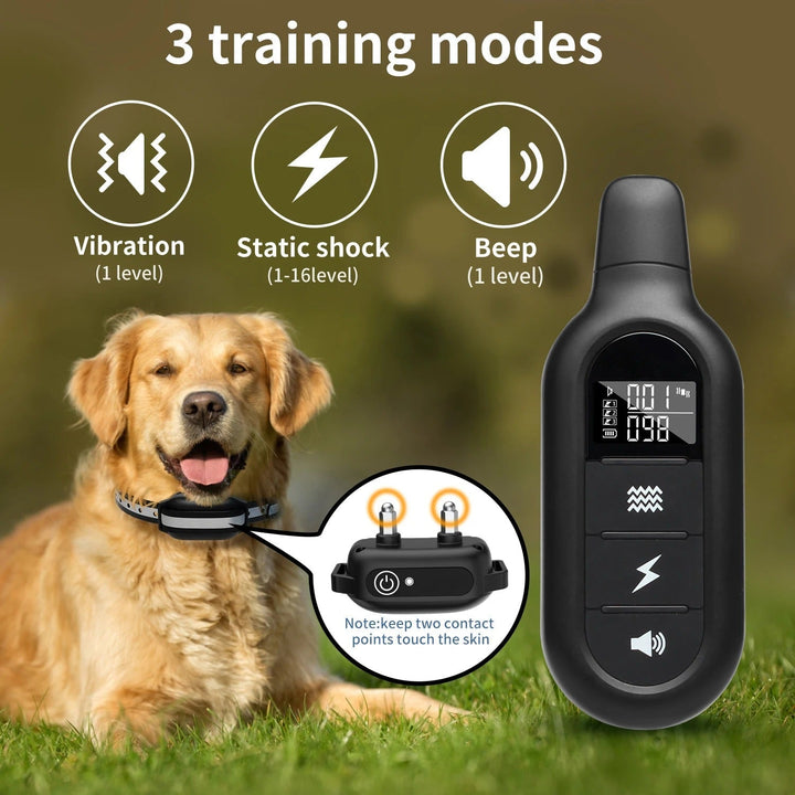 Canine remote training collar, waterproof & rechargeable, for obedience & behavior correction in pets.