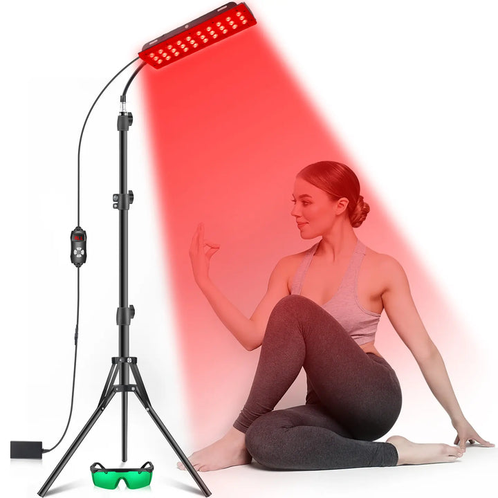 Red light therapy stand for photon therapy, promoting skin health, pain relief, and anti-inflammatory benefits.