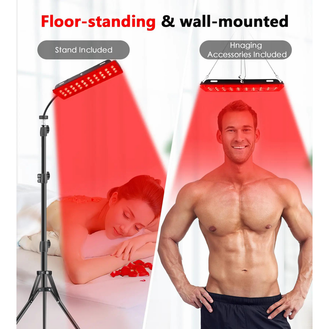 Home red light therapy device: an adjustable stand for wellness, pain relief, and muscle recovery.