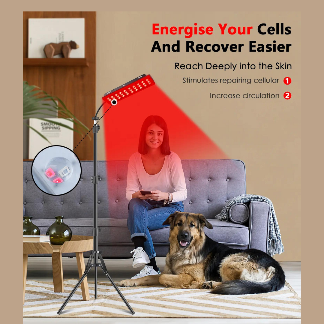 Versatile adjustable stand for red light therapy, supporting muscle recovery, pain relief, and overall skin health.