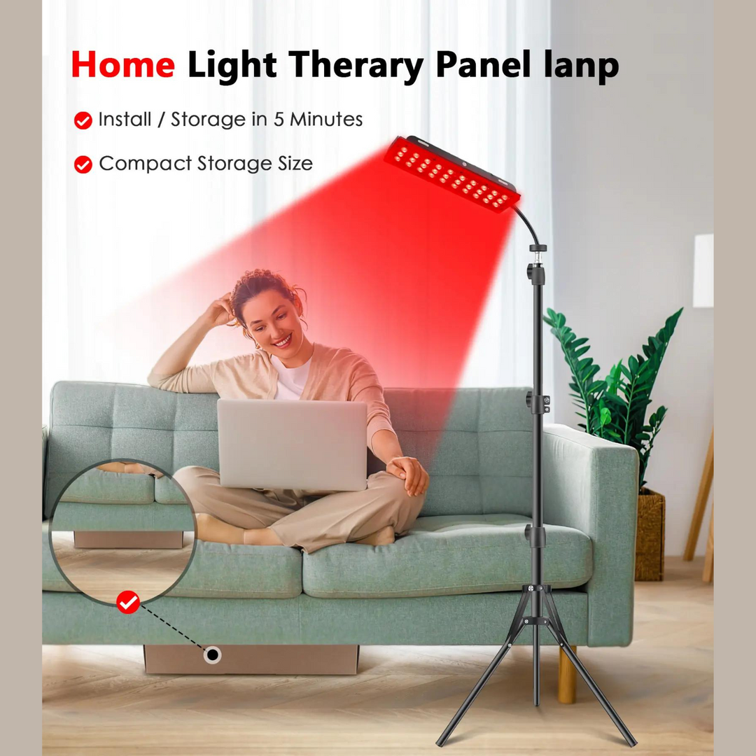 Adjustable red light therapy stand for pain relief, muscle recovery, skin health, and home wellness.
